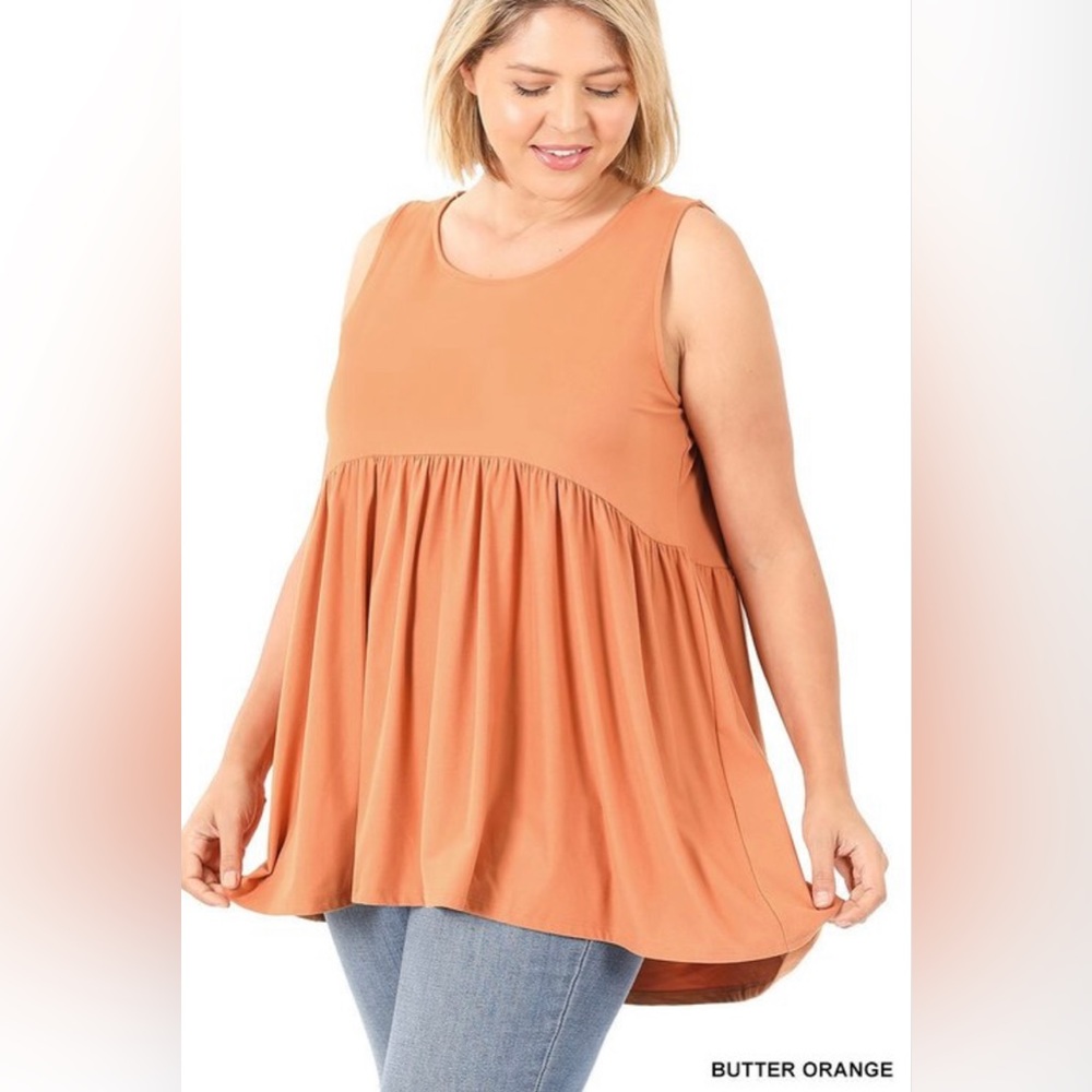 674 ❤️ Butter Orange Plus Size Brushed Sleeveless Empire Waist Shirring Top - Picture 3 of 5